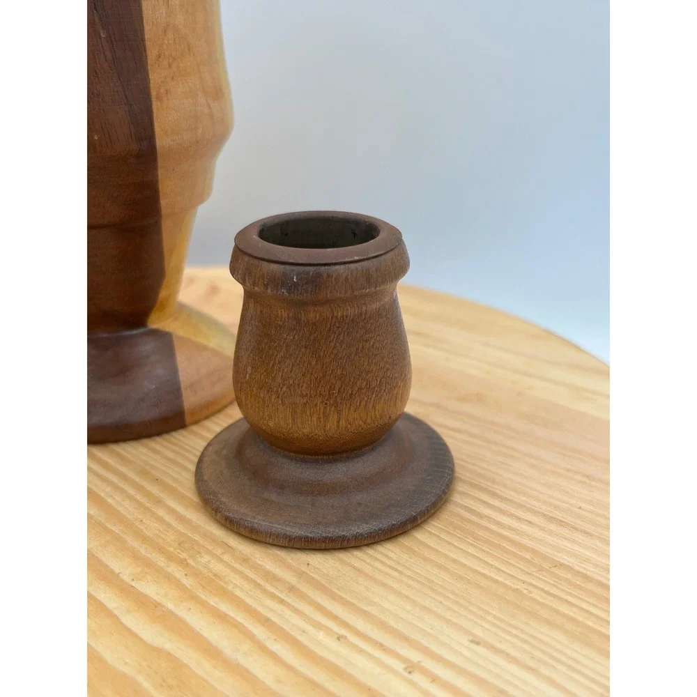 Vtg Mid Century Modern Turned Wood Candlestick Holders Set 3 minimalist